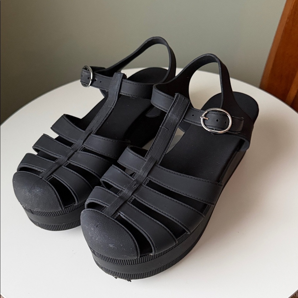 Jeffrey Campbell Candied Black Matte Chunky Platform Sturdy T-Strap Fisherman - Picture 3 of 16
